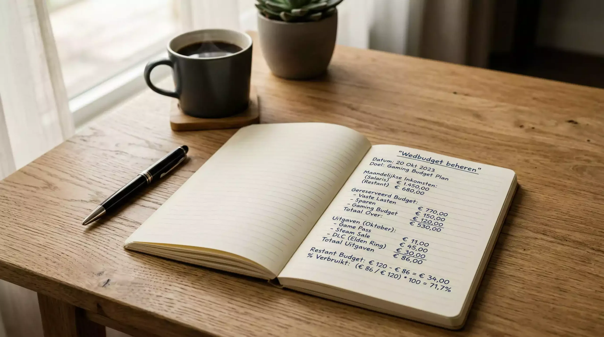 Notitieboek met budgetplanning en een pen op een houten bureau