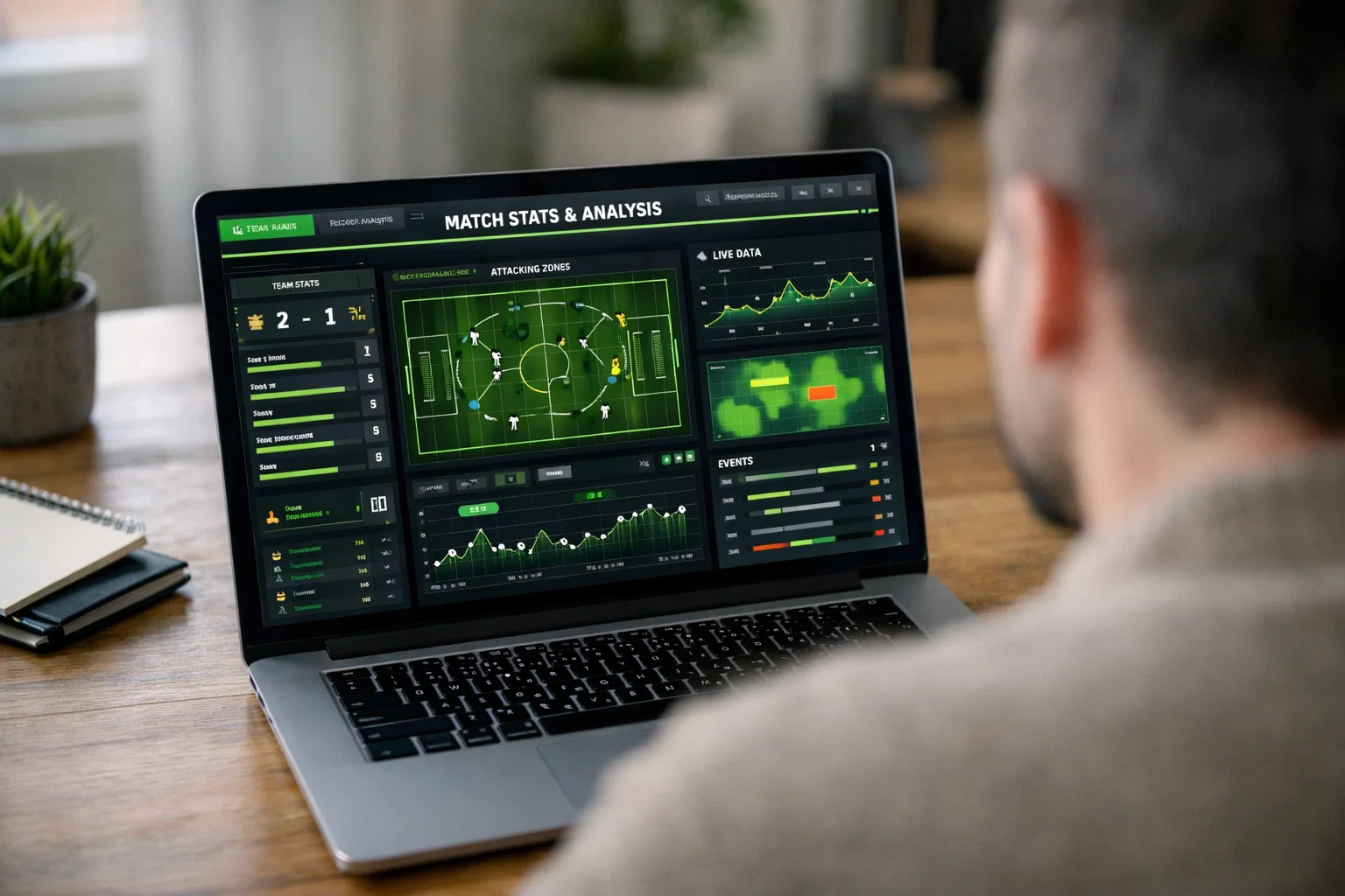 Laptop op tafel met voetbalstatistieken op het scherm