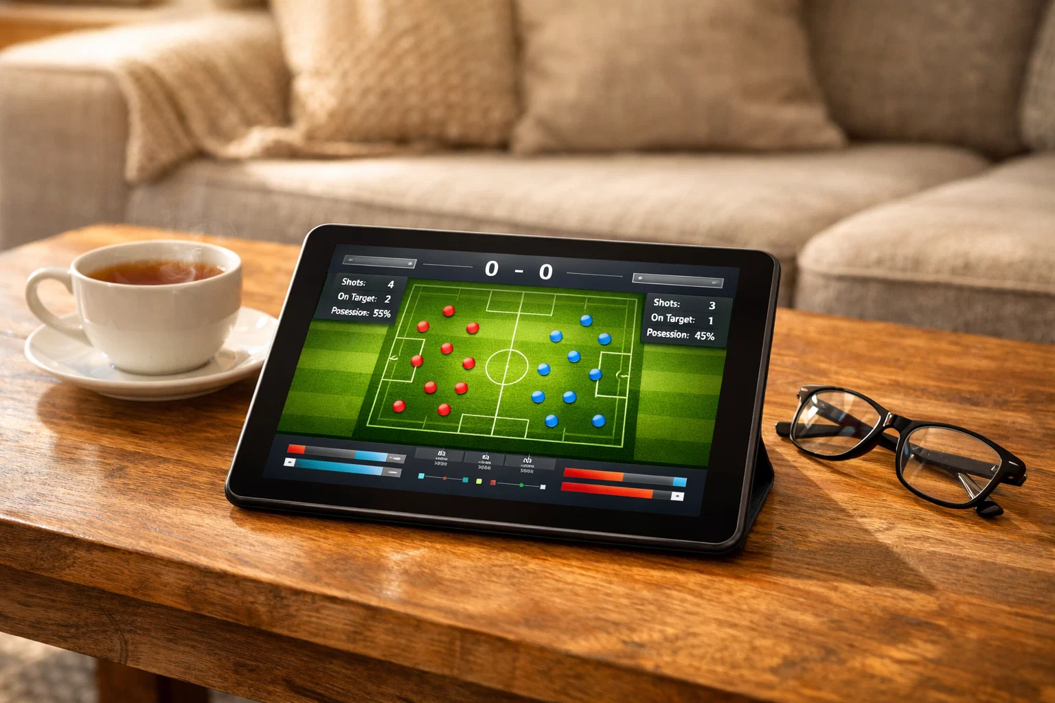 Tablet met voetbalwedstrijdoverzicht op een tafel