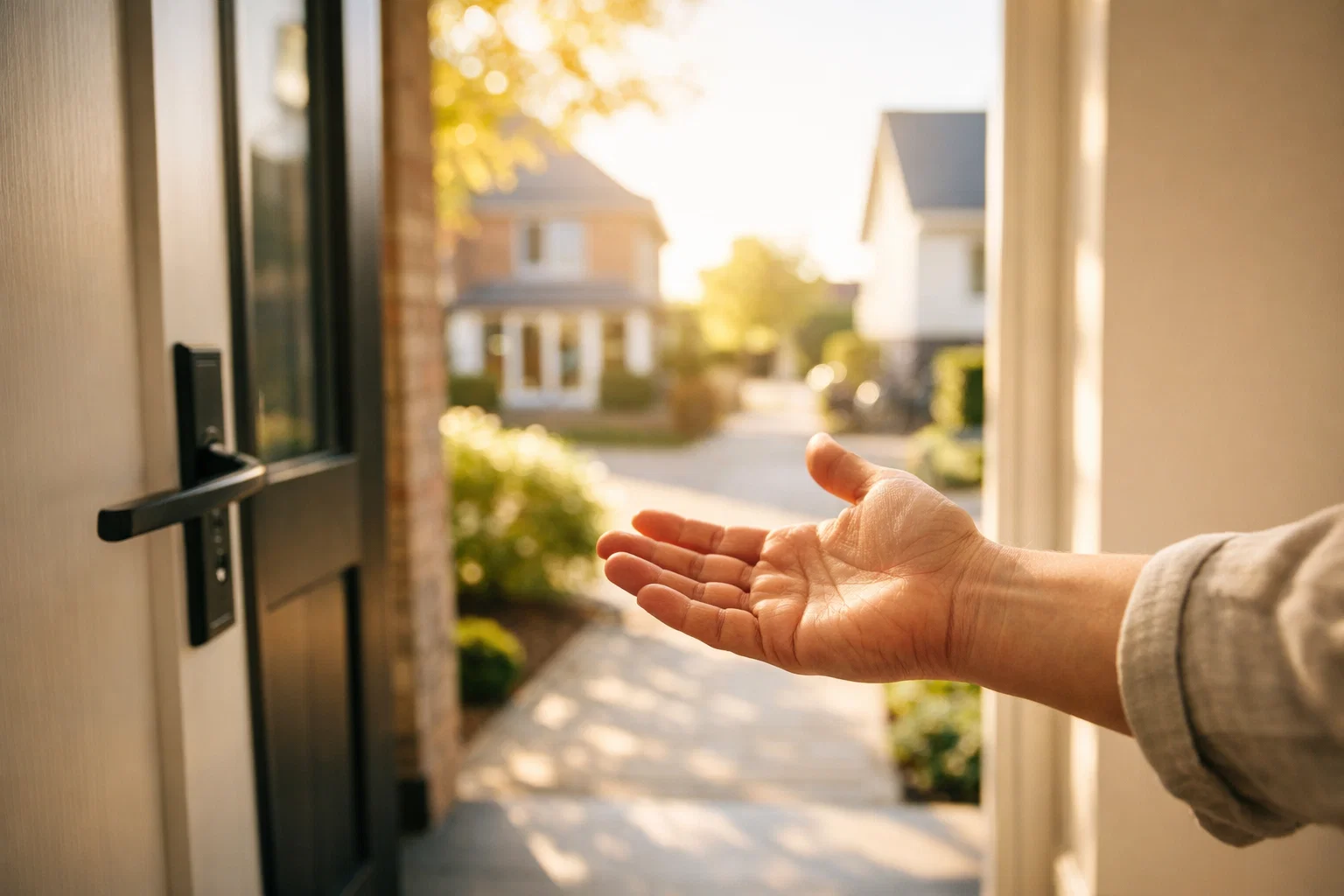 Hand die welkomstgebaar maakt bij een deur