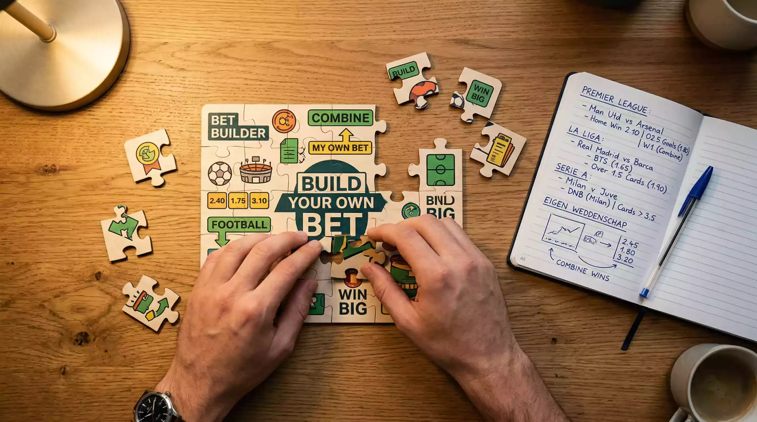 Handen die puzzelstukken in elkaar passen op een tafel met voetbalnotities