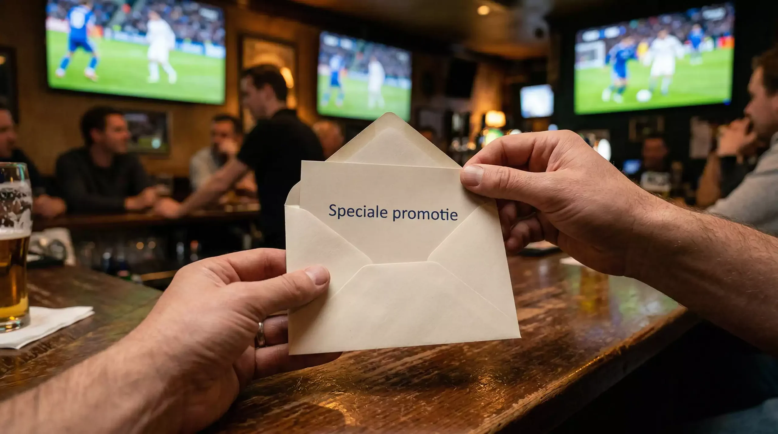 Persoon ontvangt een envelop met een beloning op een sportsbar