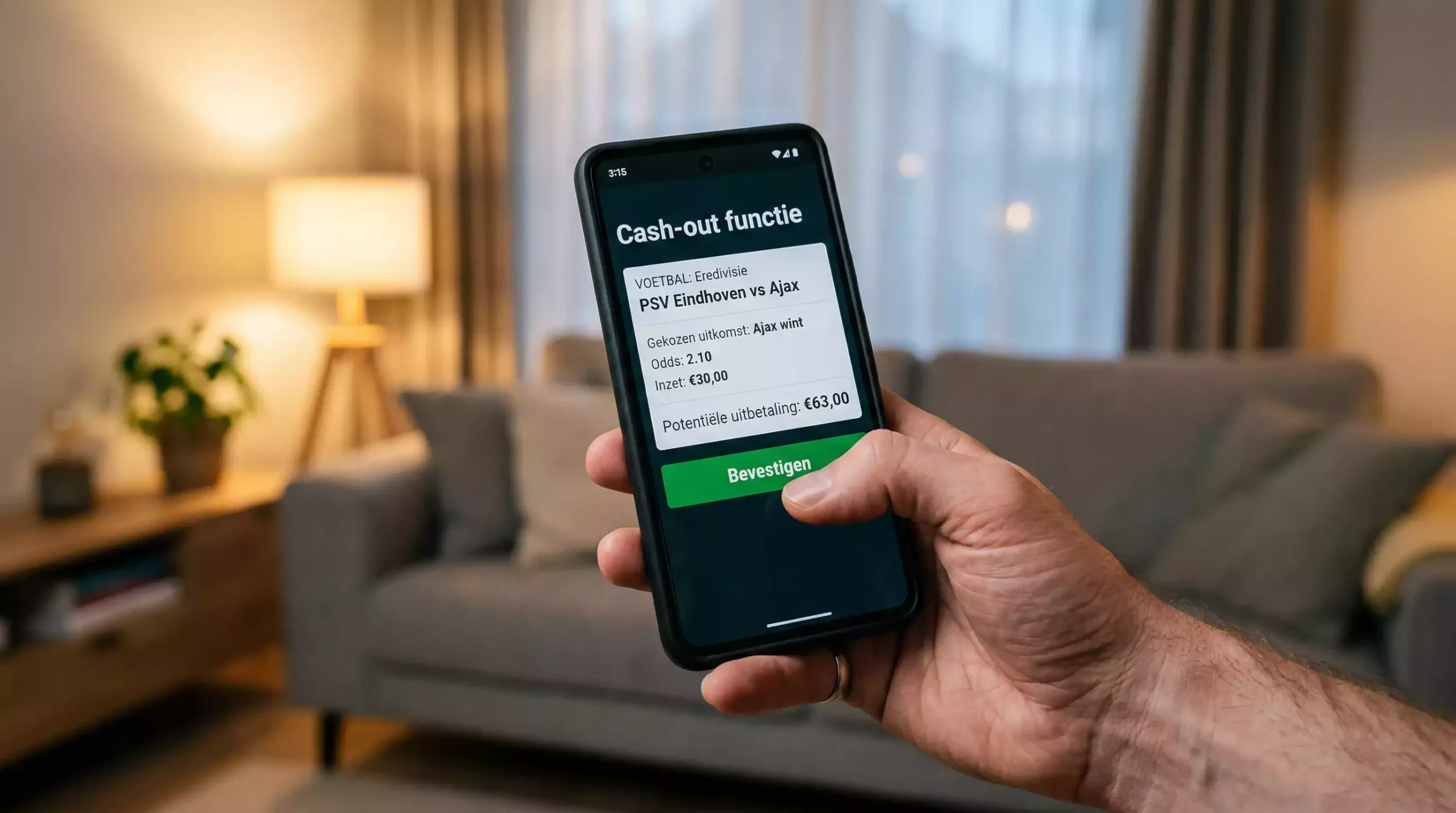 Hand die een smartphone vasthoudt met een sportweddenschap en groene bevestigingsknop