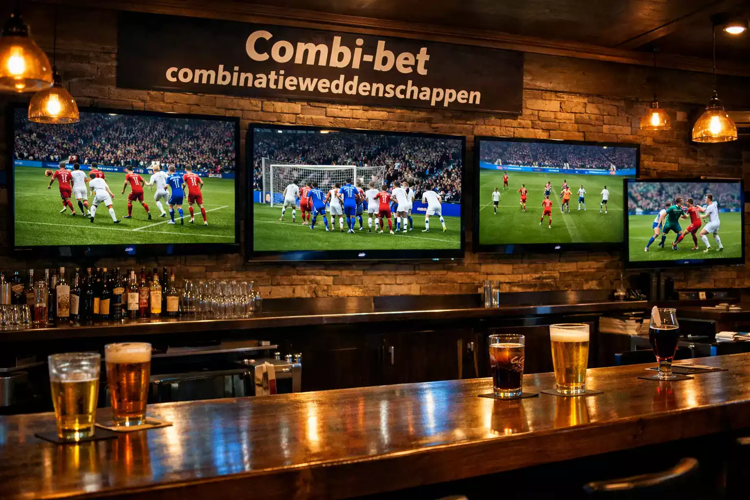 Meerdere voetbalwedstrijden tegelijk op televisie in een sportsbar
