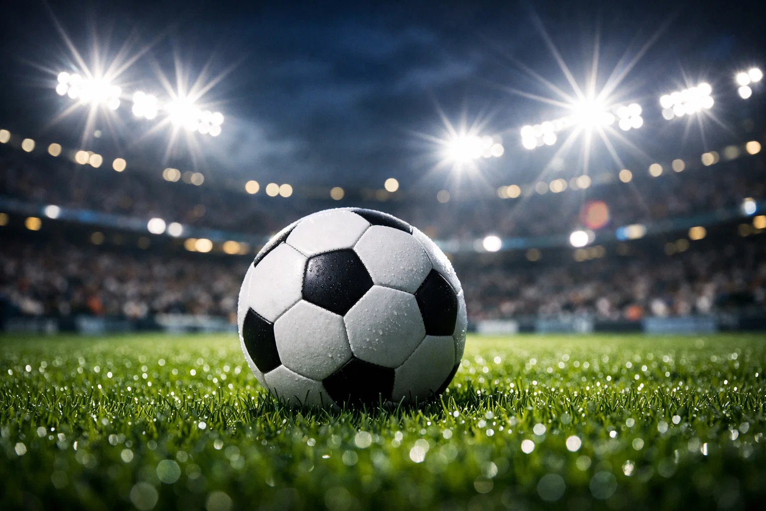 Voetbal op grasveld met stadionlichten op de achtergrond