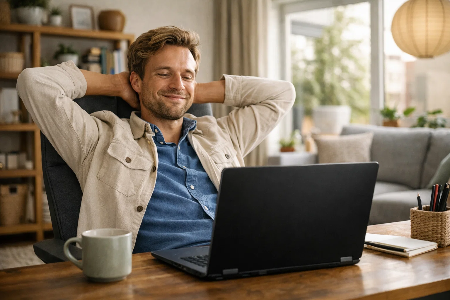 Persoon die tevreden achterover leunt bij laptop