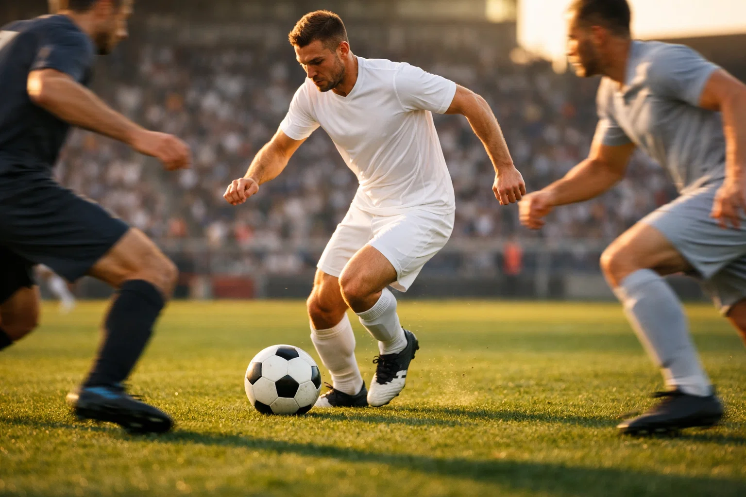 Voetballers in actie op groen grasveld tijdens wedstrijd