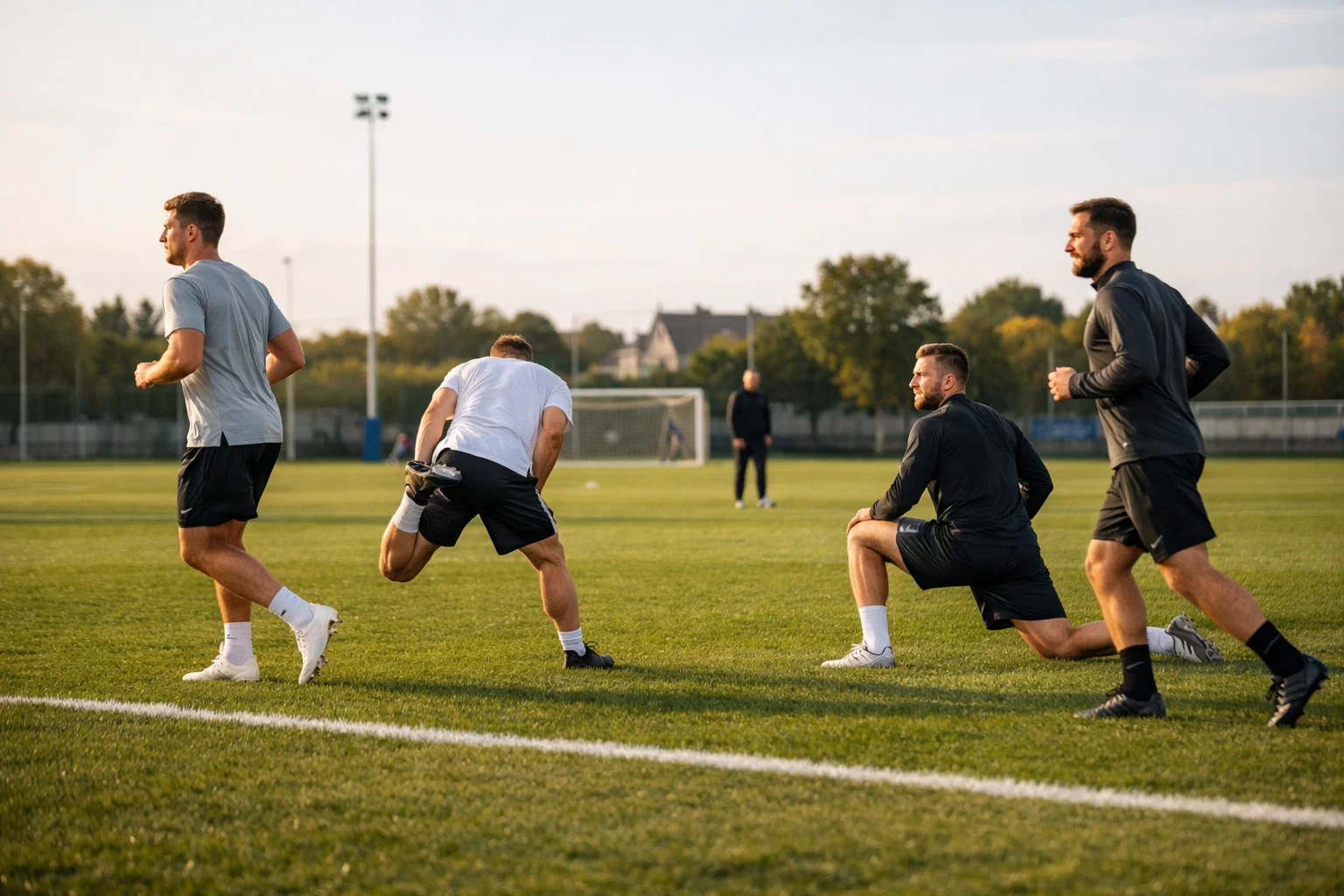 Voetballers op een professioneel grasveld tijdens training