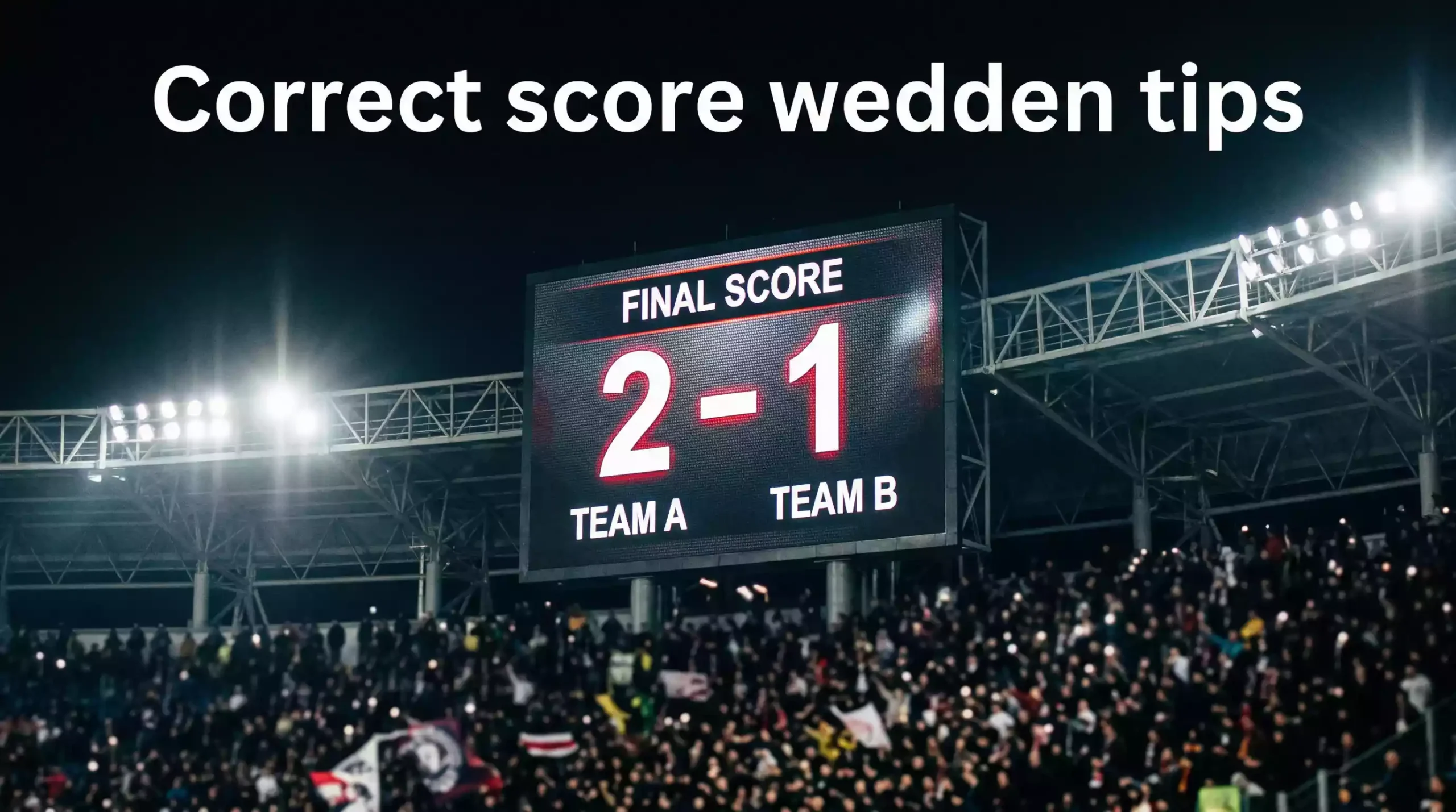 Stadionscoreboard dat een voetbaluitslag toont tijdens een avondwedstrijd