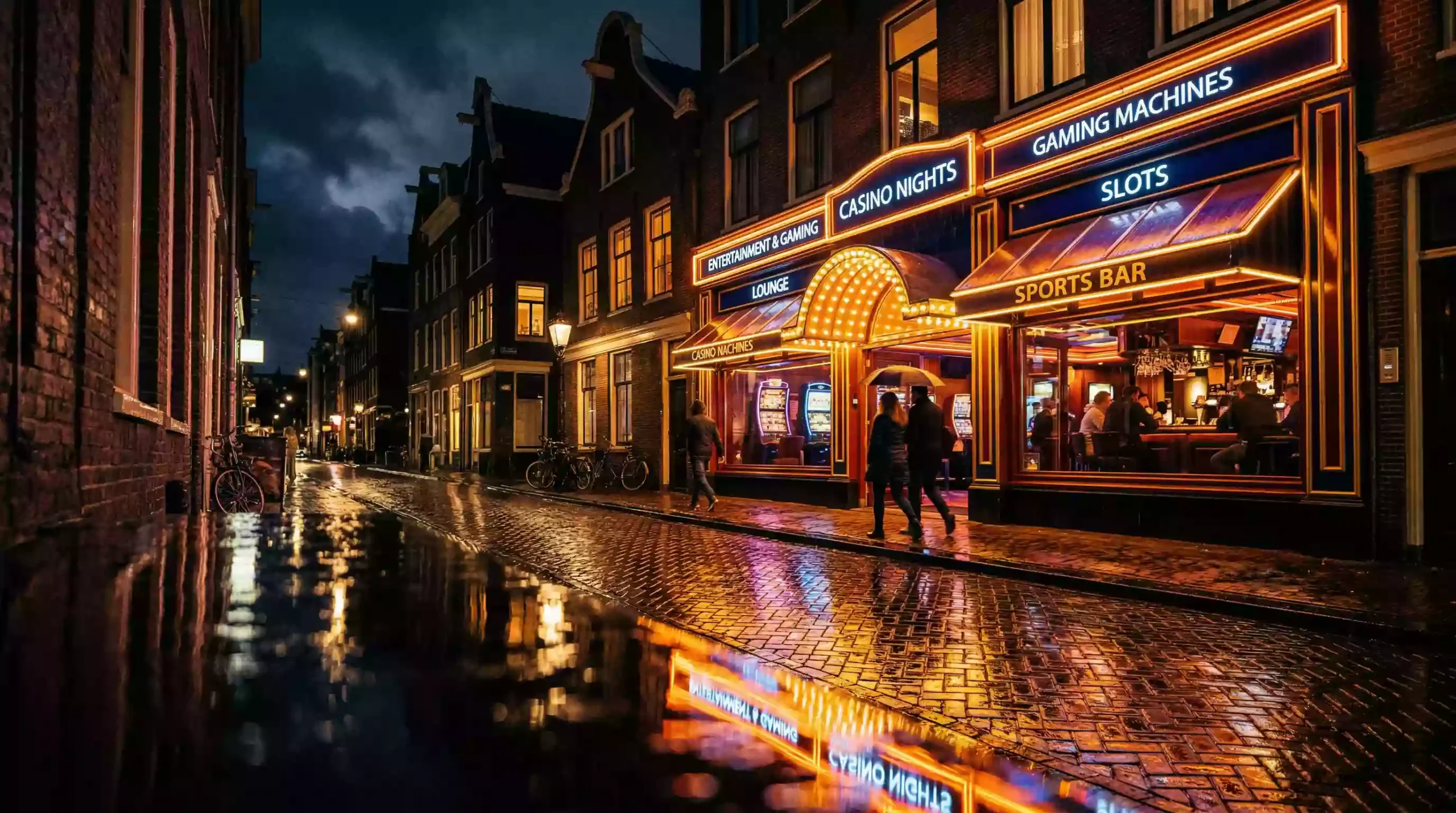 Nederlandse straat met verlichte gevel van een speelhal op een regenachtige avond