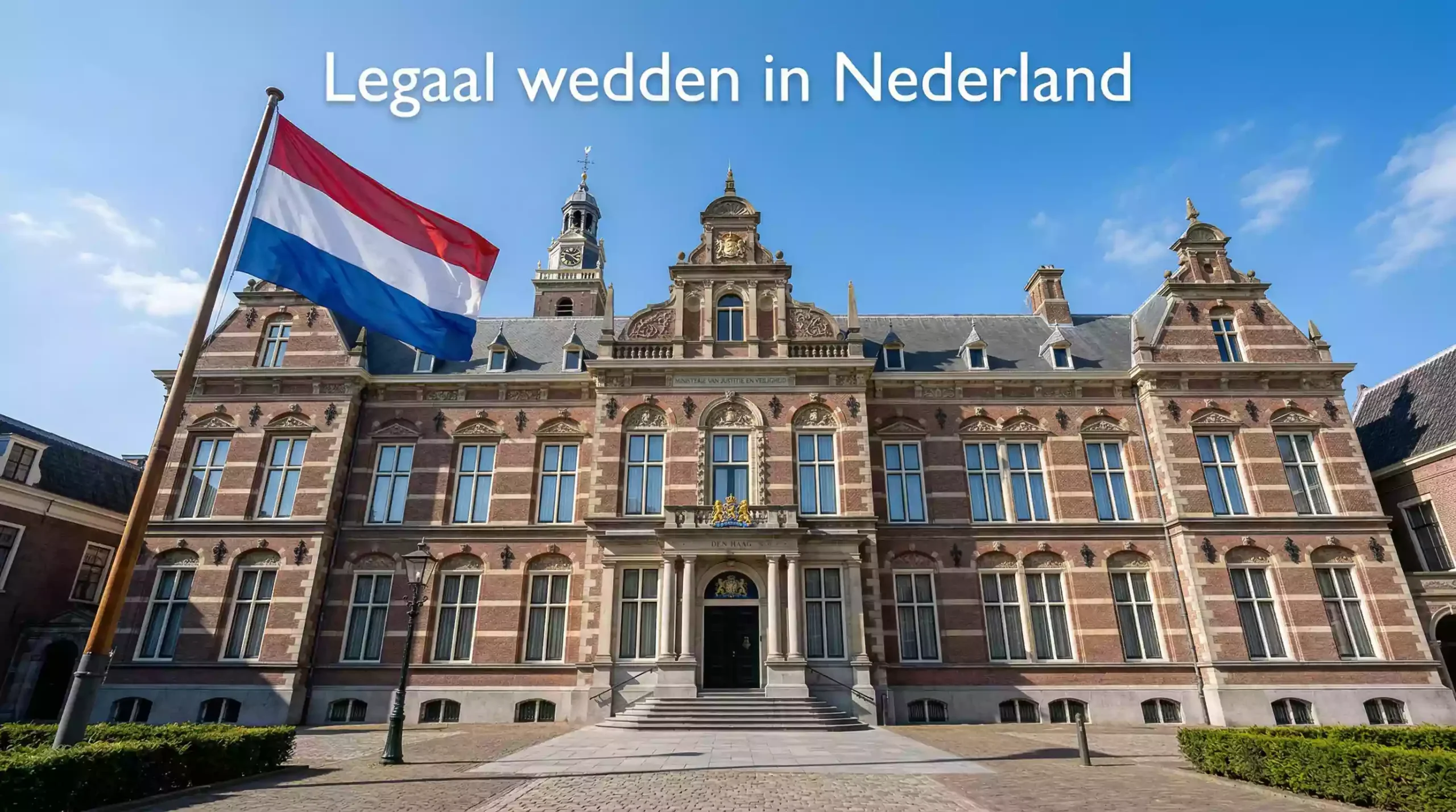 Officieel gebouw in Den Haag met Nederlandse vlag en blauwe lucht