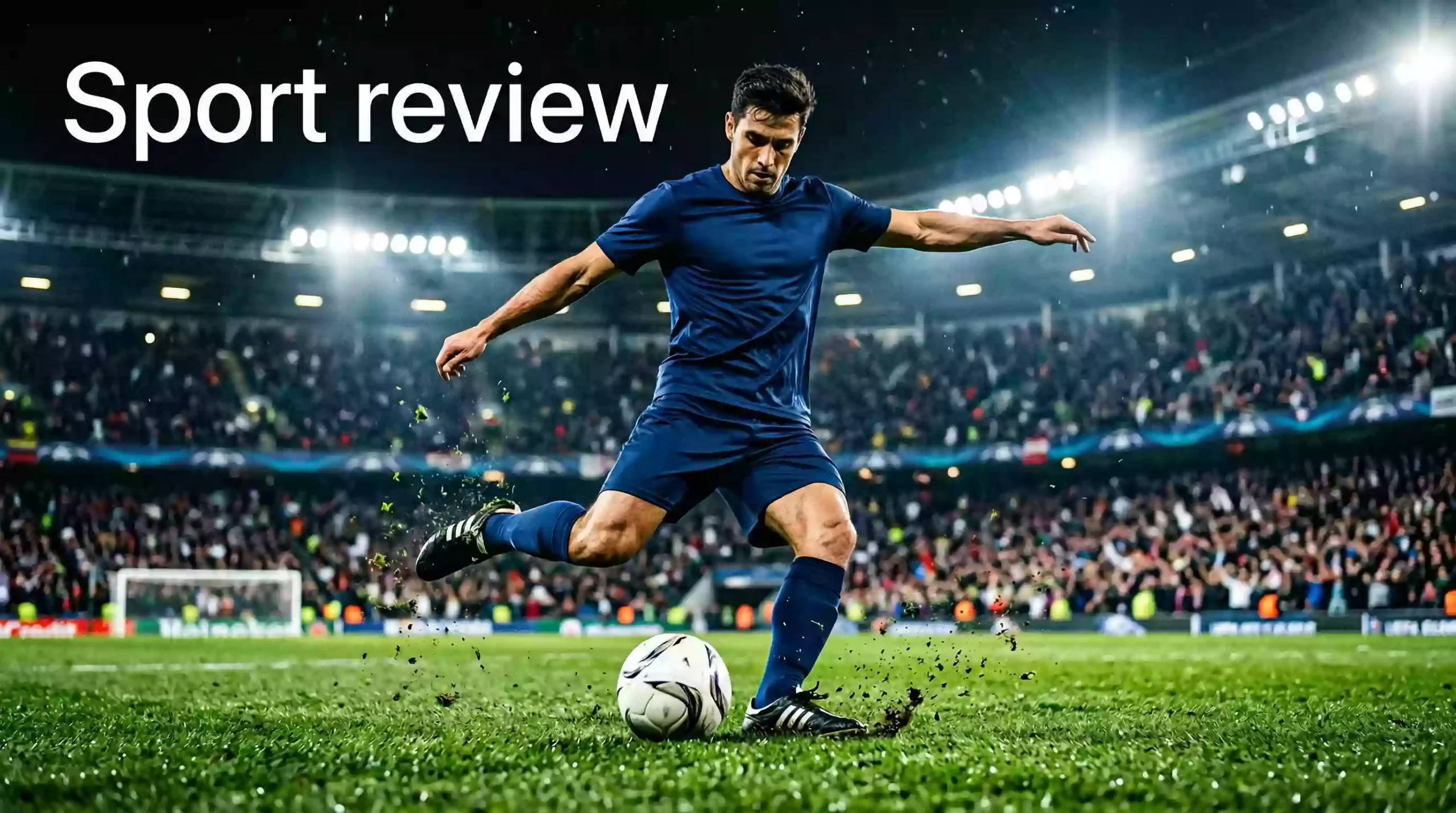 Voetballer trapt bal op groen veld onder felle stadionverlichting