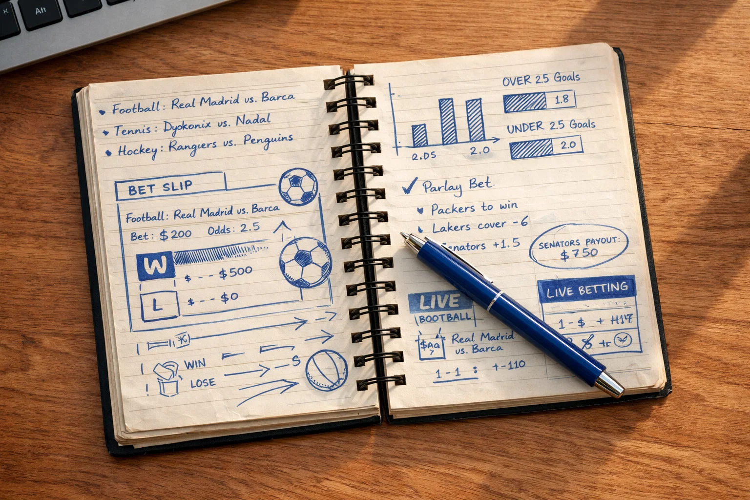 Notitieboek met wedstrijdaantekeningen en een pen