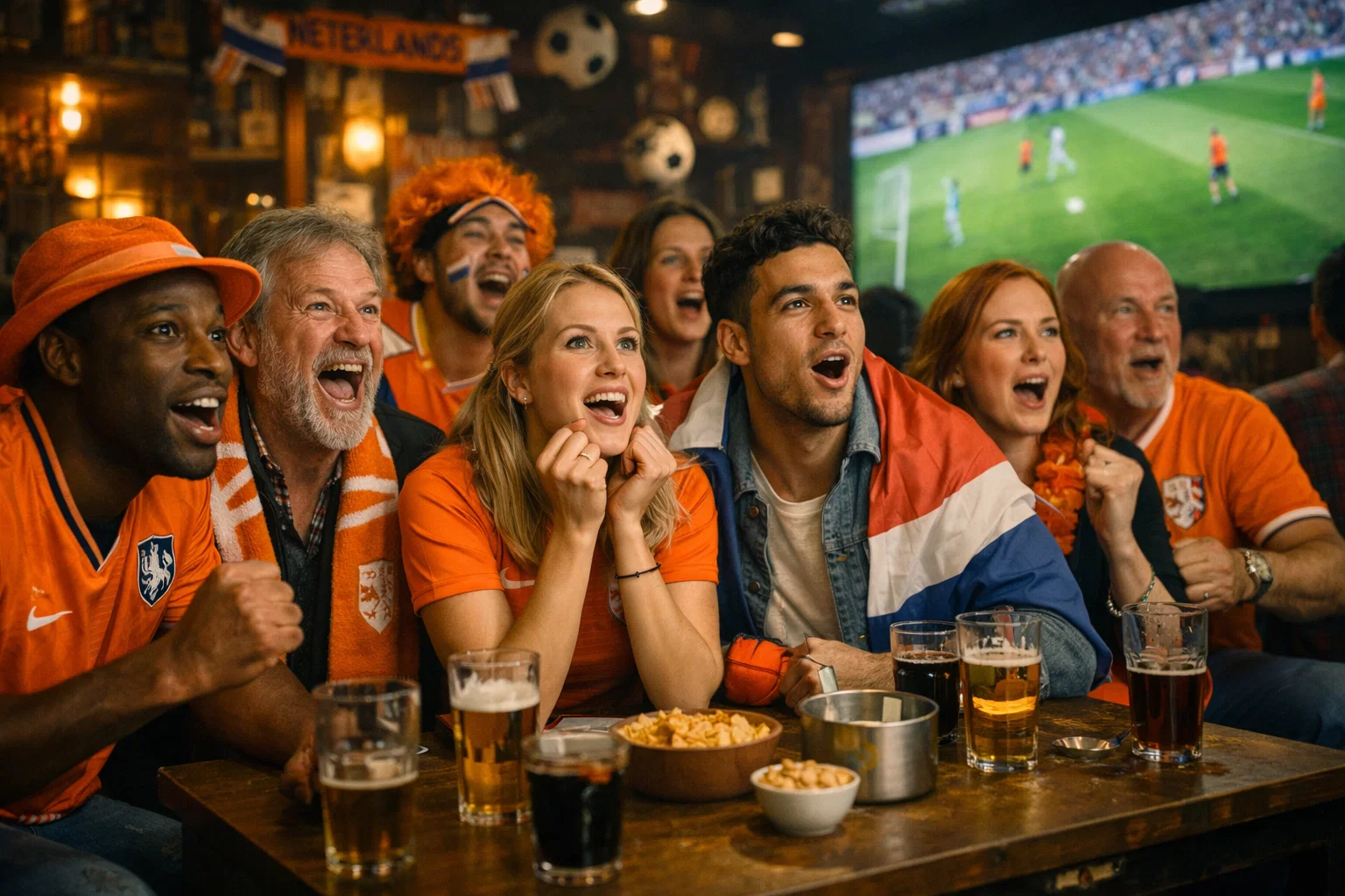 Supporters kijken gespannen naar een live voetbalwedstrijd op groot scherm