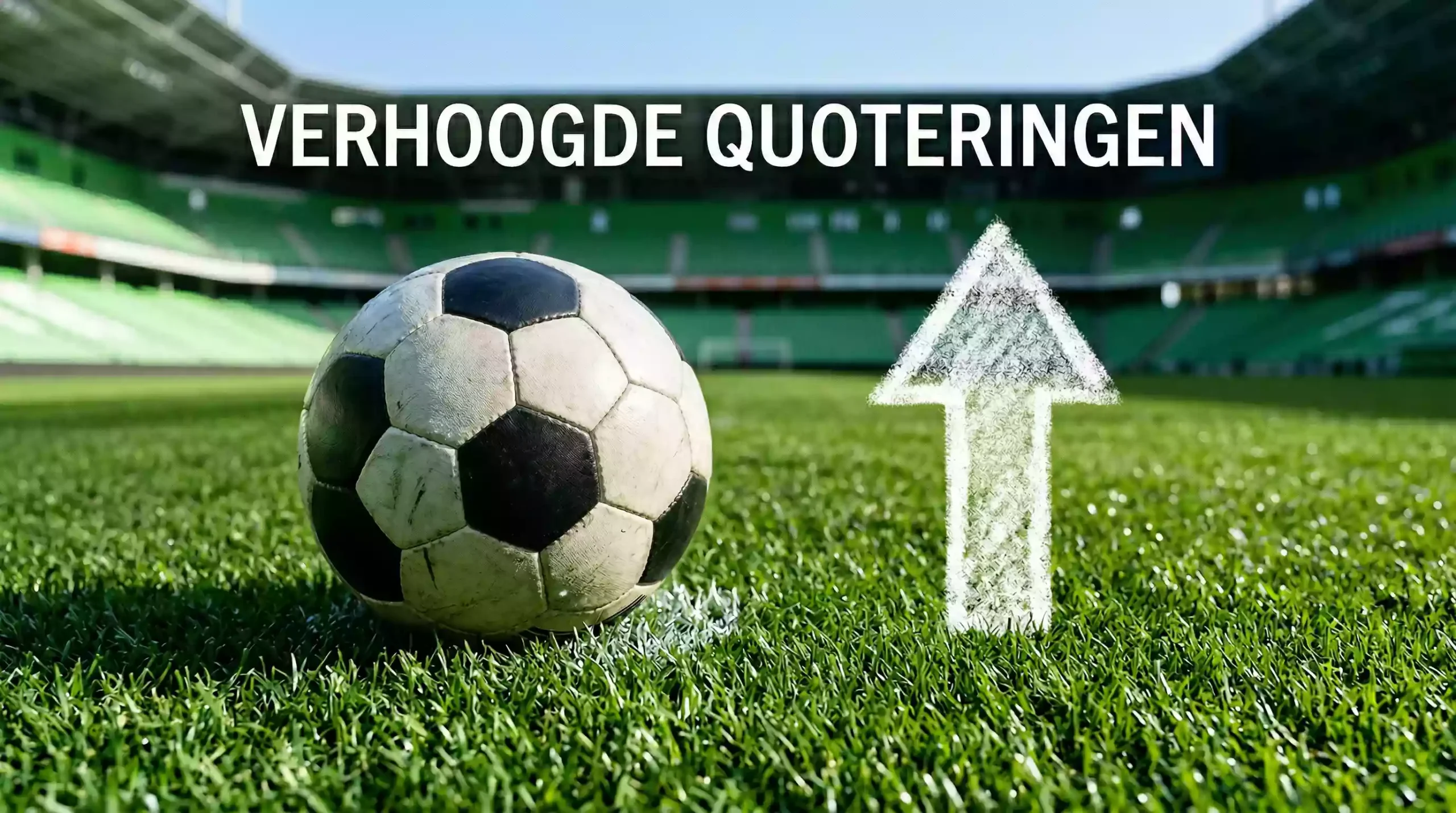 Pijl omhoog symbool naast een voetbal op een groene achtergrond