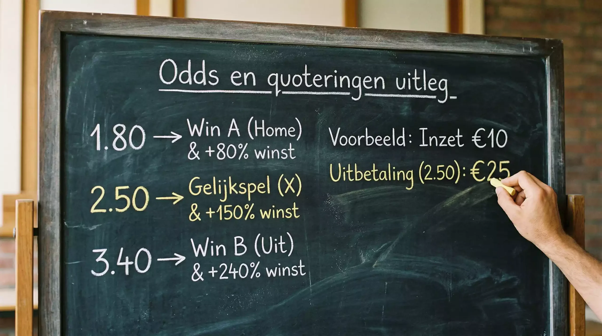 Krijtbord met decimale odds en percentageberekeningen