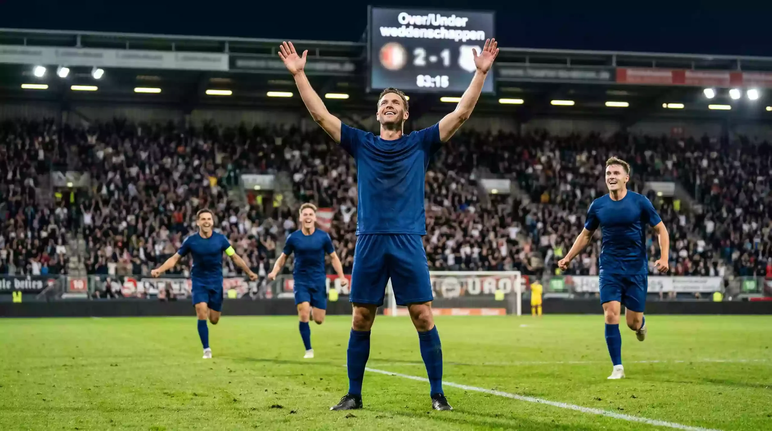 Voetbaldoelpunt met juichende spelers en het scorebord op de achtergrond