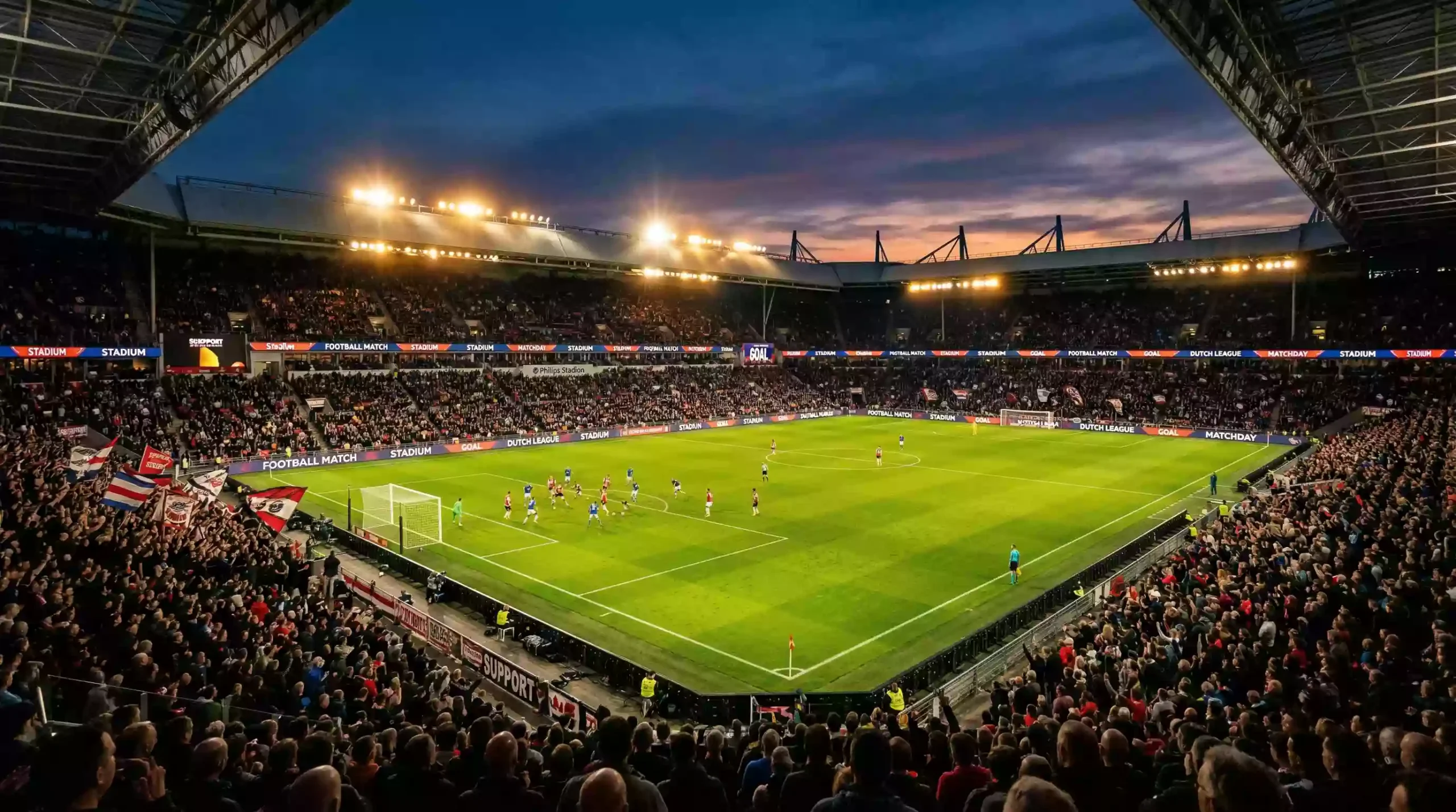 Eredivisie voetbalstadion met groen gras en volle tribunes tijdens een avondwedstrijd
