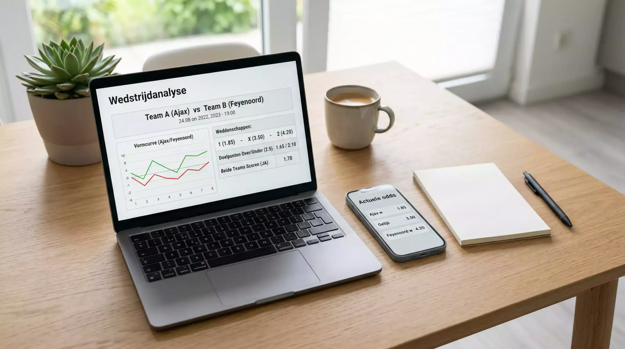 Laptop en smartphone op een bureau met sportweddenschappen op het scherm