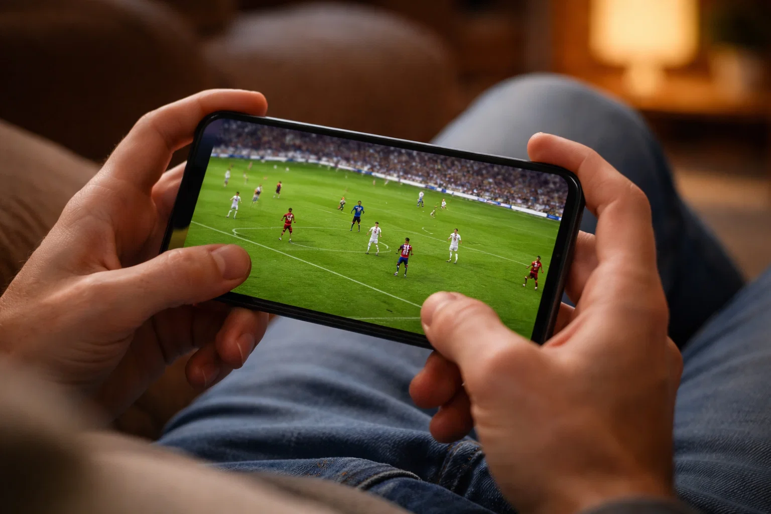 Smartphone met live voetbalwedstrijd en wedopties