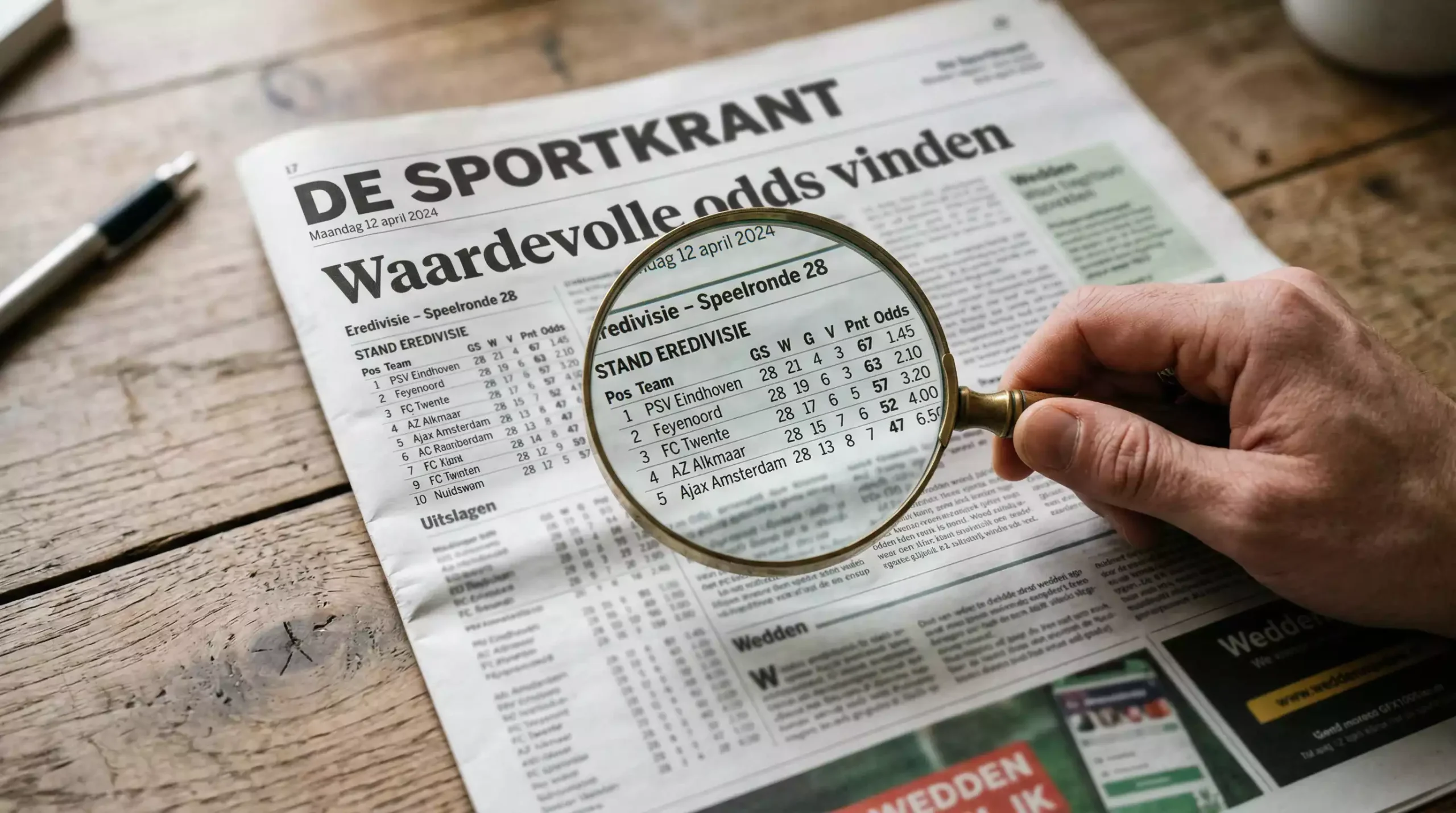 Vergrootglas boven een krant met voetbalstanden en uitslagen