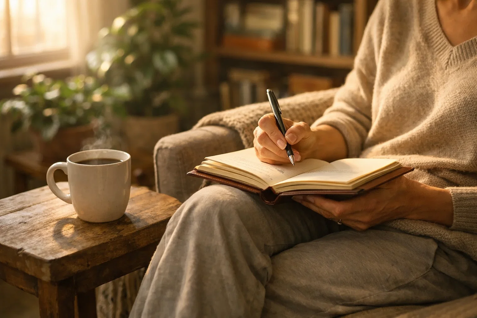 Persoon houdt een notitieboek bij met een kopje koffie in een rustige omgeving