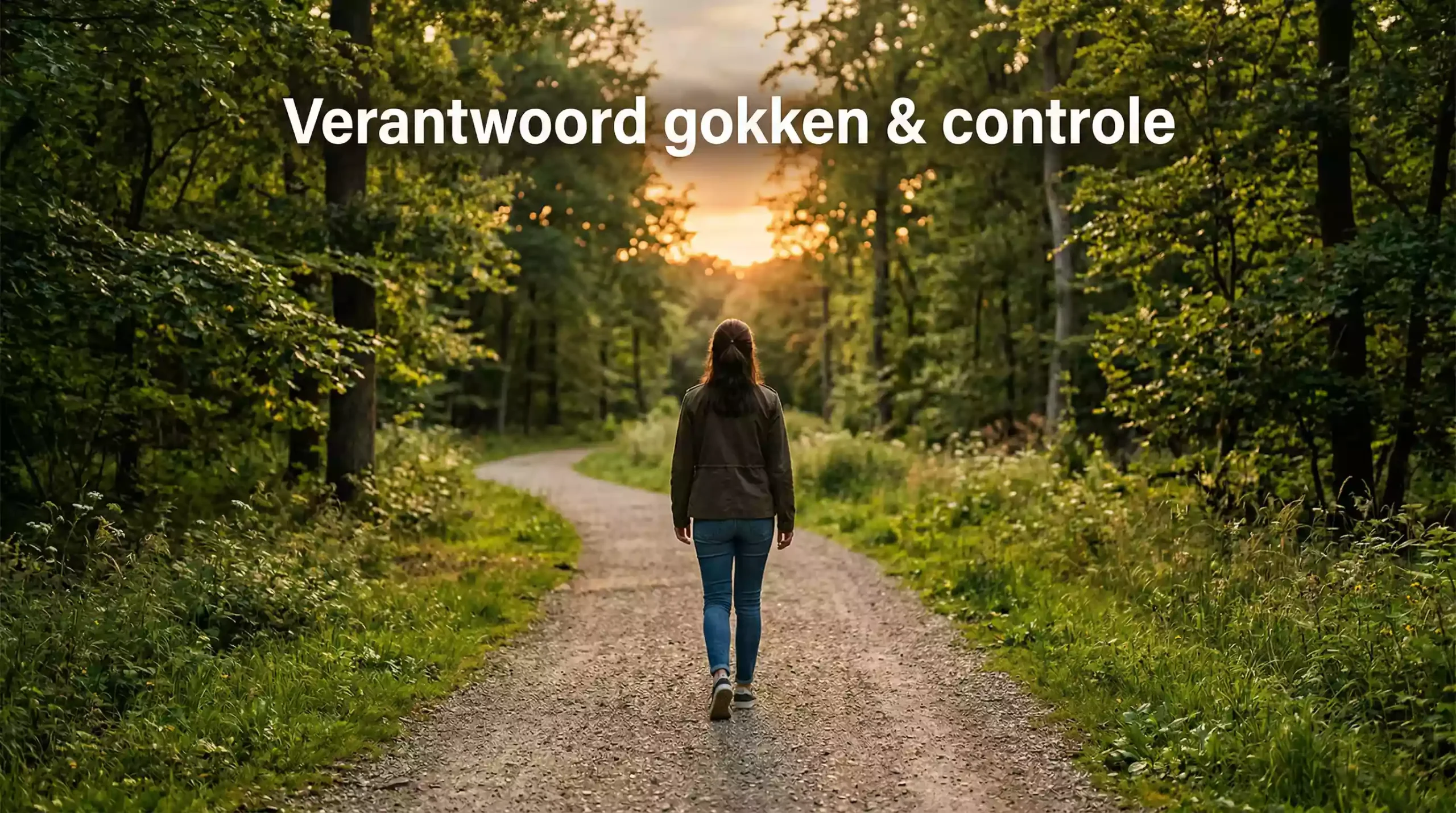 Persoon wandelt ontspannen in een park met zonlicht door de bomen