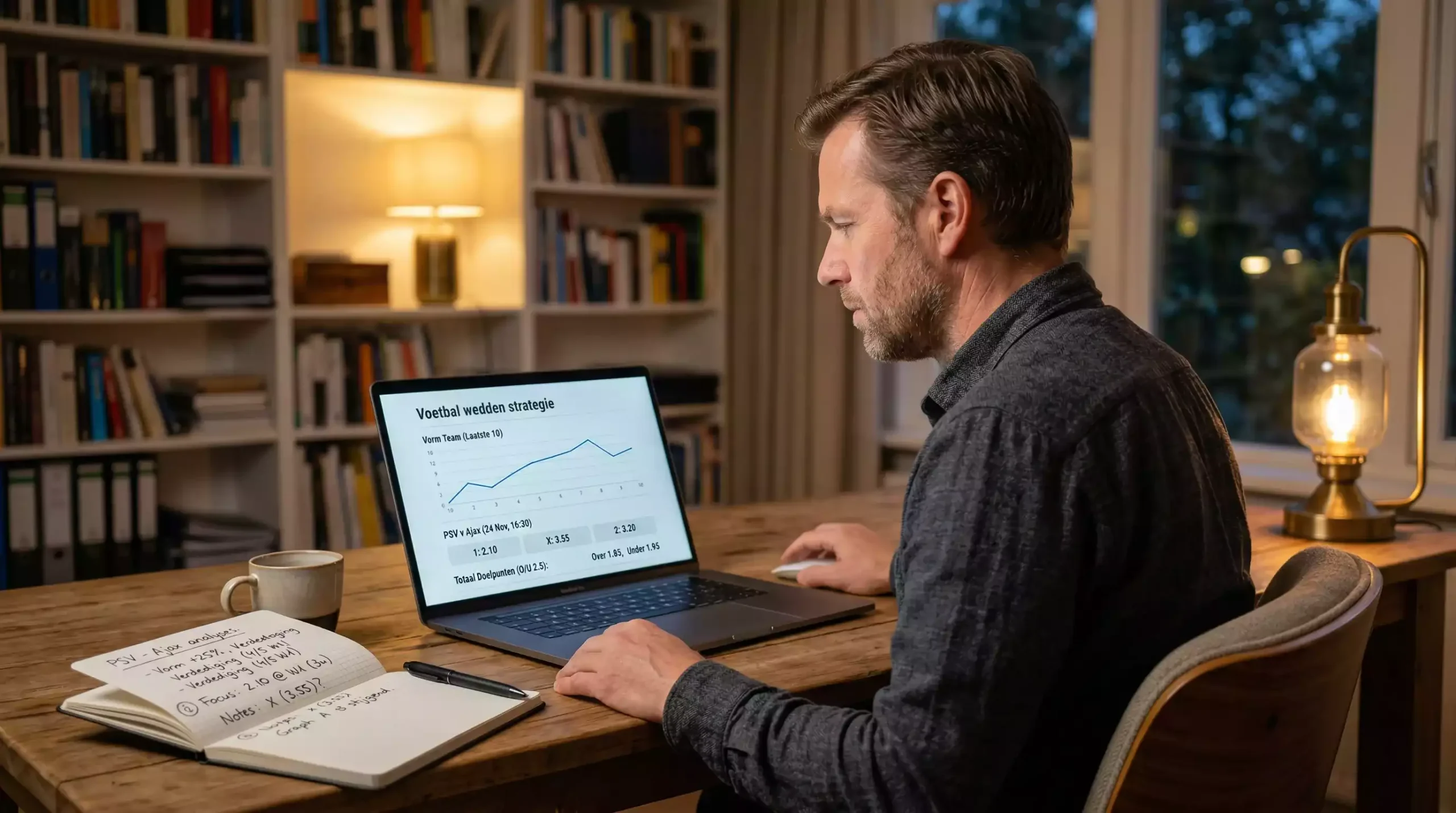 Man analyseert voetbalstatistieken op een laptop in een werkkamer