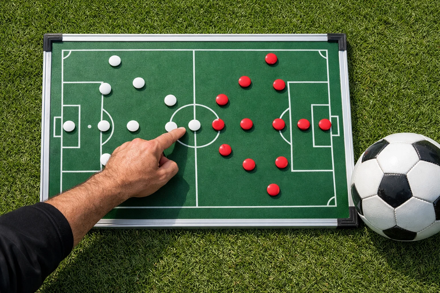 Voetbalveld met tactisch bord en notities over verschillende wedtypes