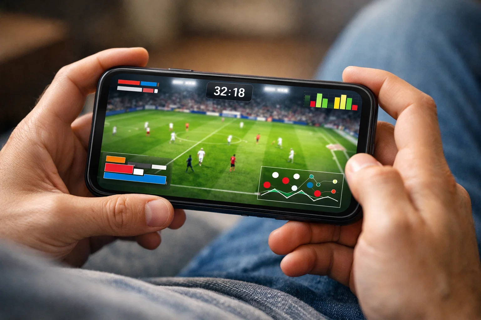 Smartphone met live voetbalwedstrijd in handen van kijker