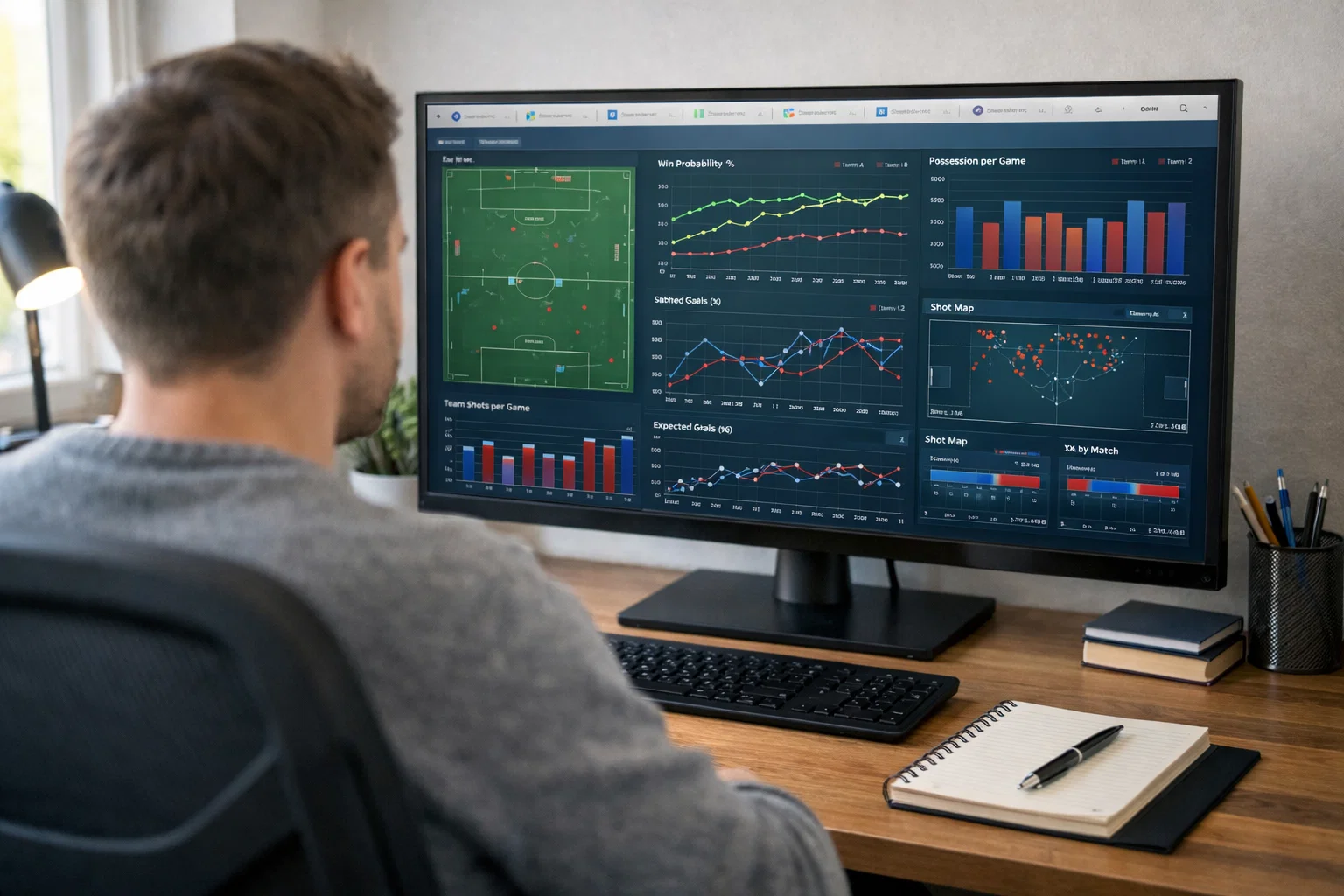 Persoon analyseert voetbalstatistieken op computerscherm