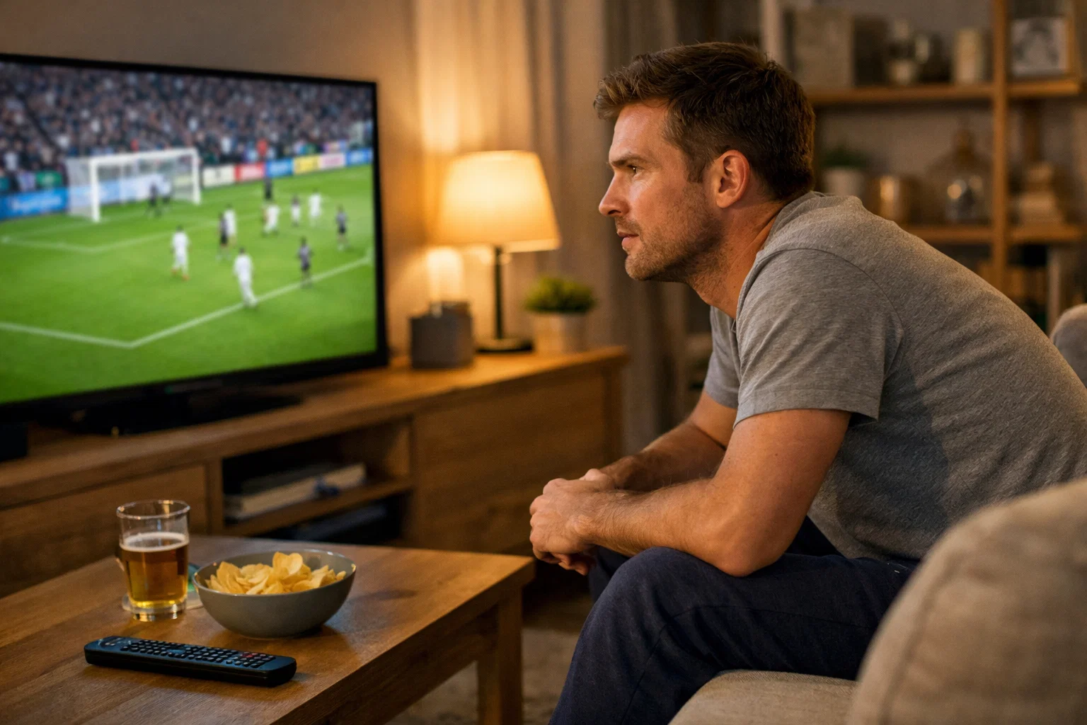 Persoon kijkt gefocust naar voetbalwedstrijd op televisie