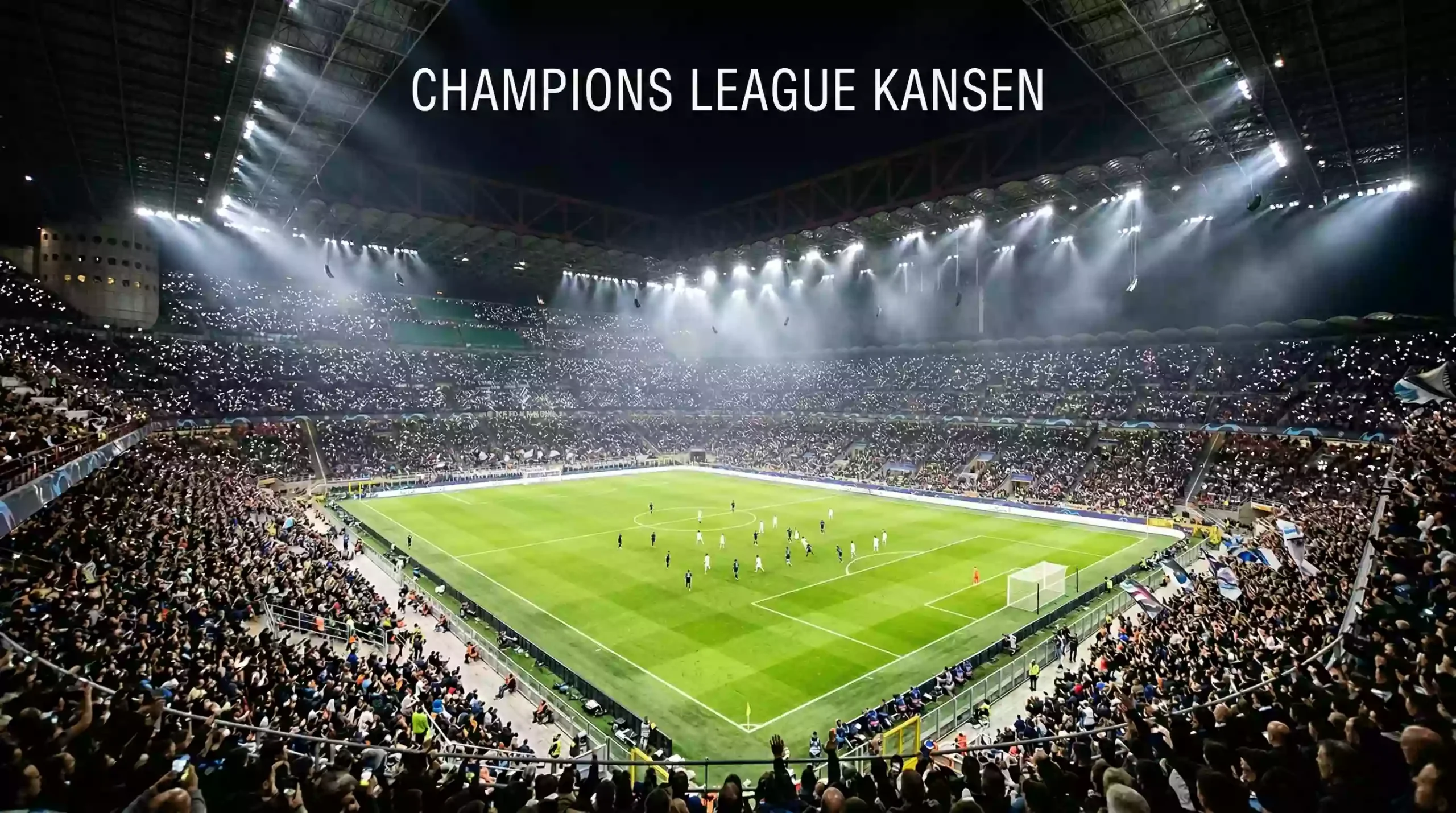 Groot Europees voetbalstadion verlicht bij nacht voor een topwedstrijd