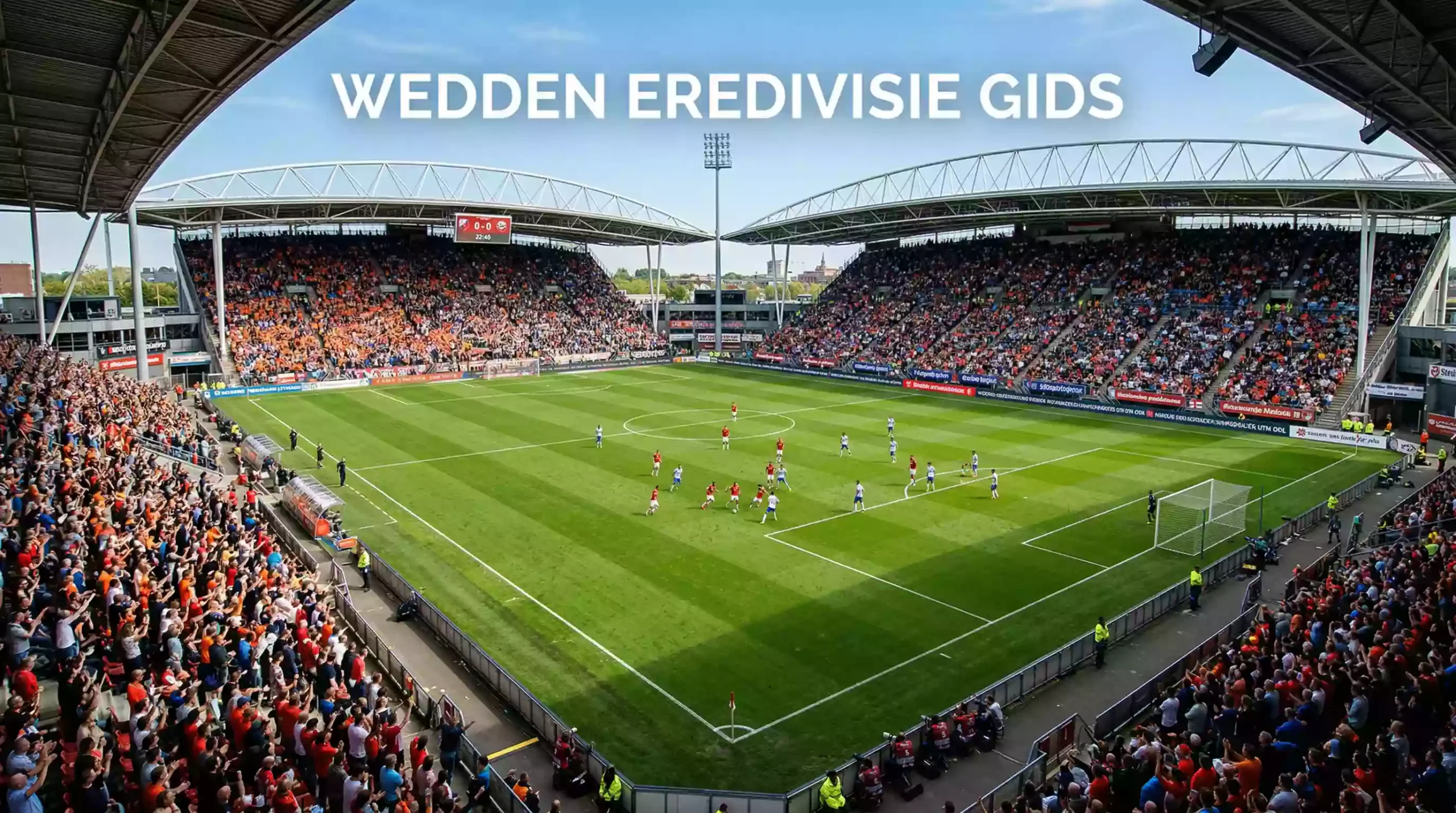 Nederlands voetbalstadion met een Eredivisie-wedstrijd op een zonnige middag