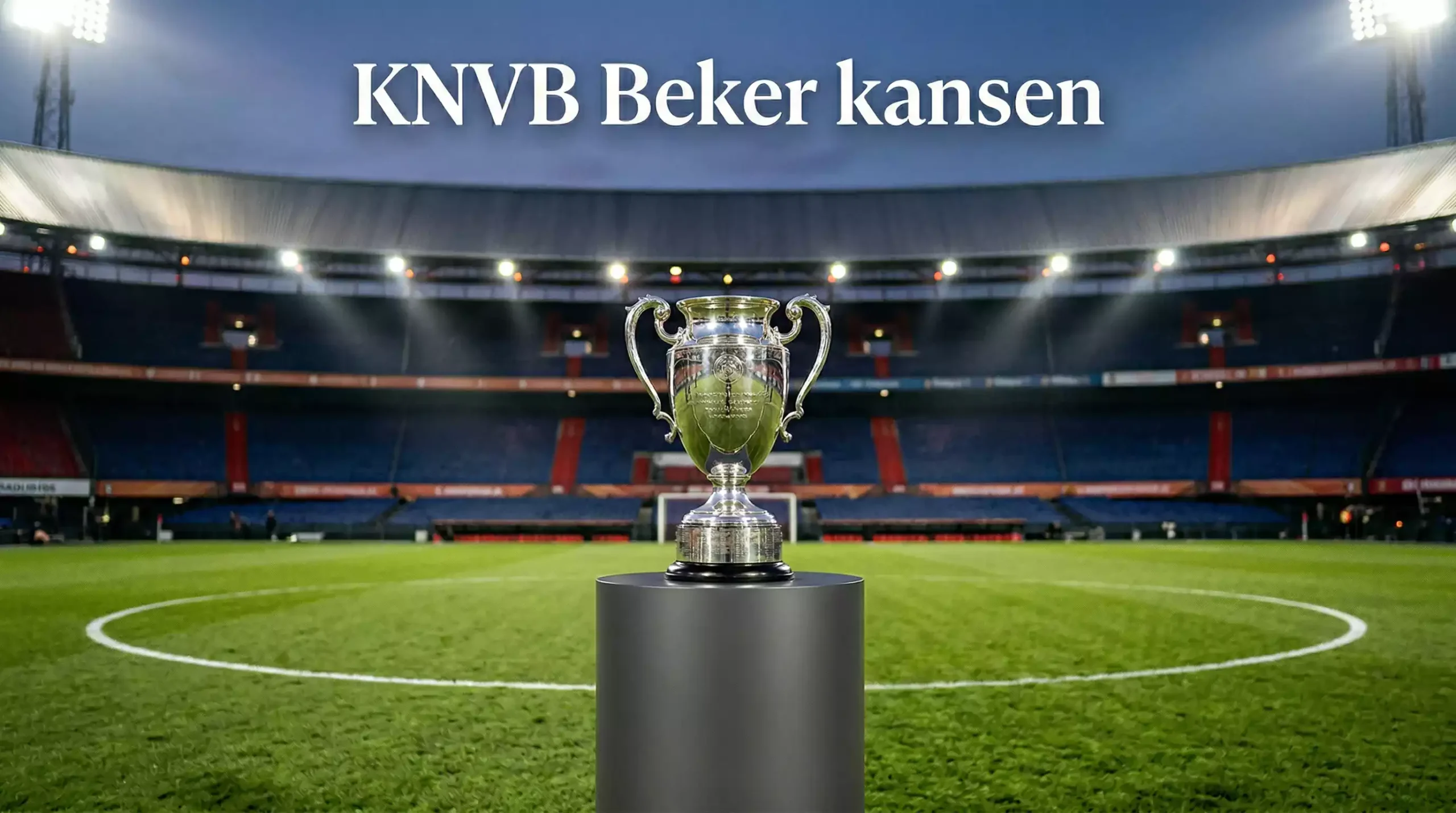 Voetbalbeker trofee op een podium in een verlicht stadion